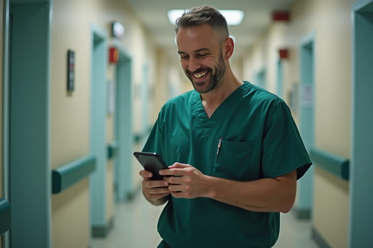 Infirmier hospitalier consultant l'espace agent CGOS sur son smartphone dans un couloir d'hôpital