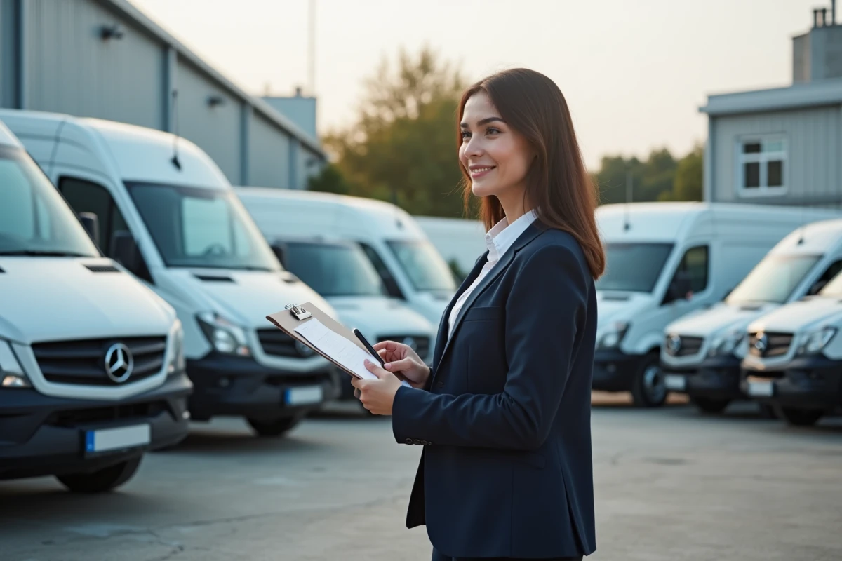 Femme inspectant une rangée de véhicules de flotte en extérieur
