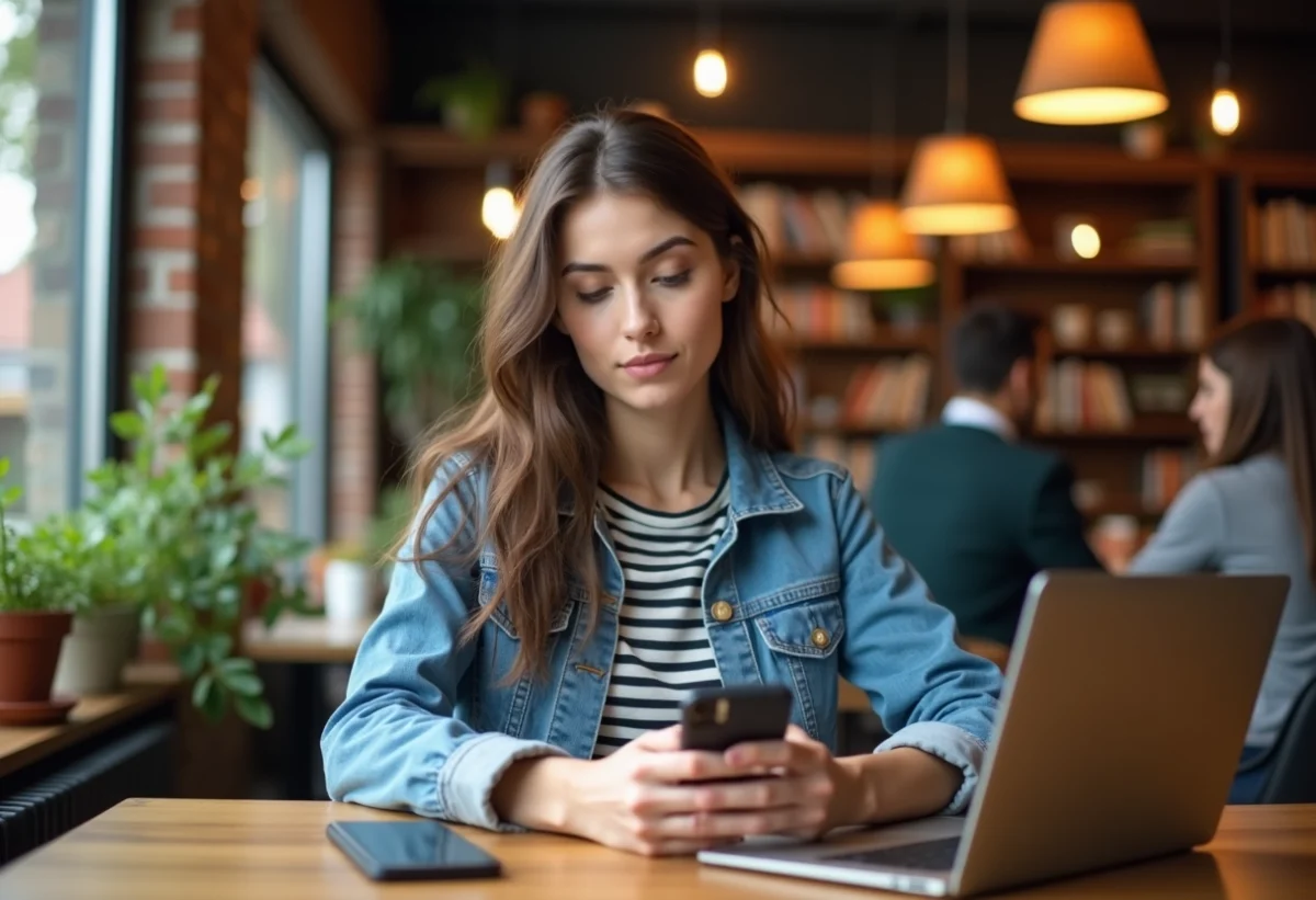 Jeune femme au café utilisant son ordinateur portable