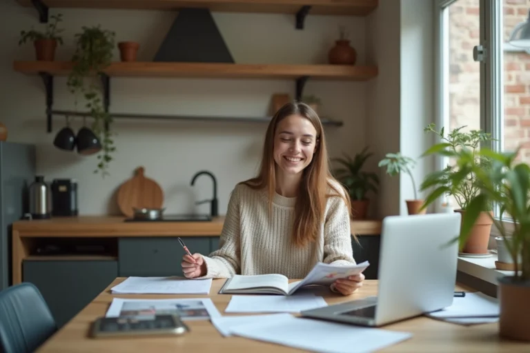 Jeune femme souriante compare des catalogues dans une cuisine