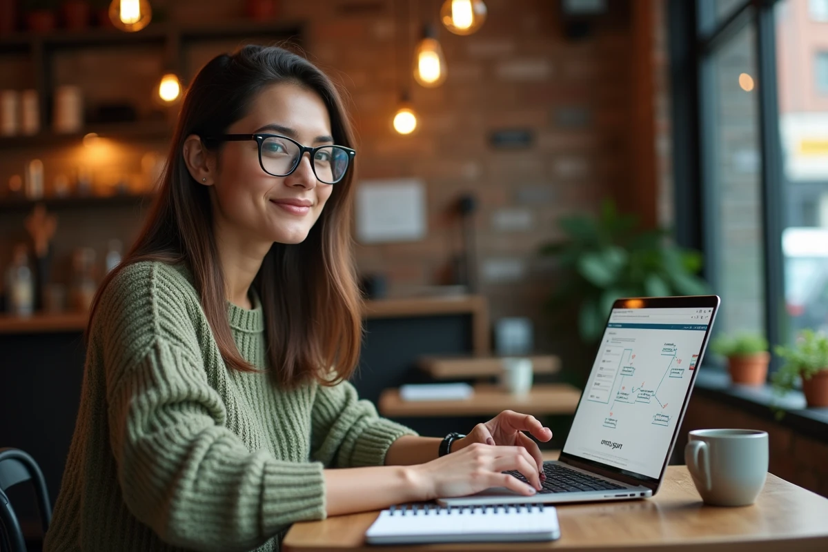 Une jeune femme travaillant sur un outil de visualisation de sitemap web depuis un café urbain avec son ordinateur portable