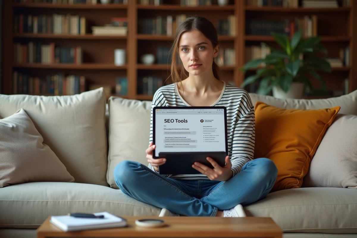 Jeune femme consultant des outils SEO sur une tablette depuis son canapé à domicile