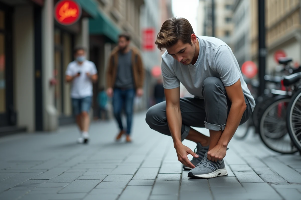 Jeune homme ajustant sa chaussure urbaine sur le trottoir