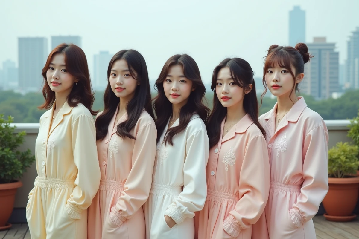 Cinq membres d un groupe kpop en tenue pastel sur un toit urbain