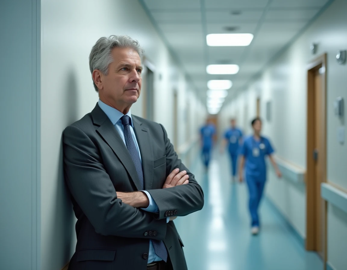 Médecin psychiatre masculin dans un couloir d'hôpital moderne en posture réflexive