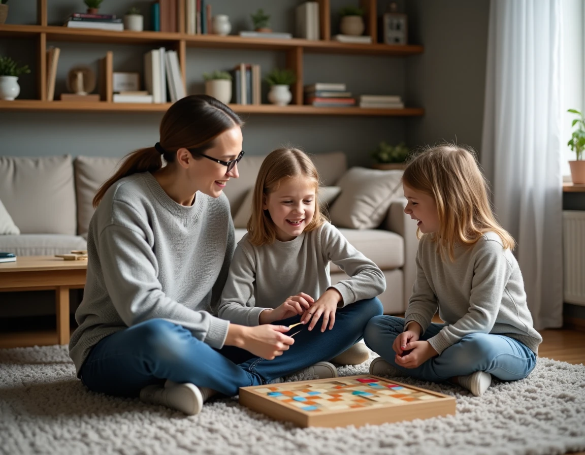 Mère et enfants jouant ensemble à un jeu de société sur le tapis du salon familial