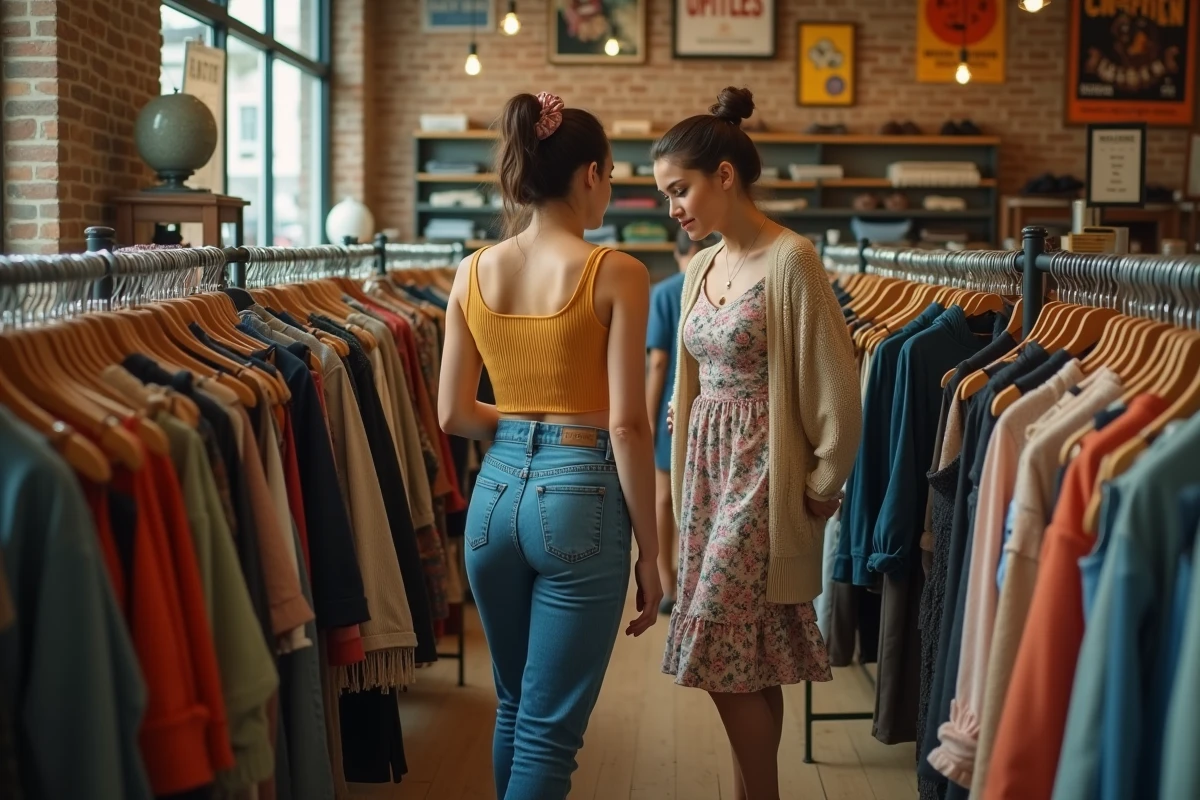 Deux jeunes femmes en tenues tendance des années 1995 — jean mom et crop top moutarde, robe fleurie et cardigan — dans une boutique vintage aux décors rétro