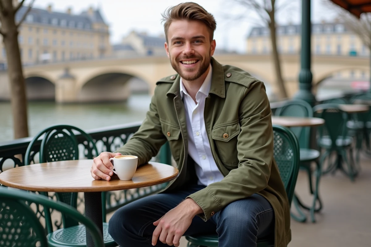 Homme tendance en veste utilitaire assis en terrasse de café au bord de la Seine à Paris