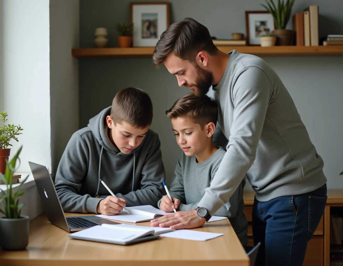 Père aidant son adolescent à faire ses devoirs dans un espace de travail organisé à la maison