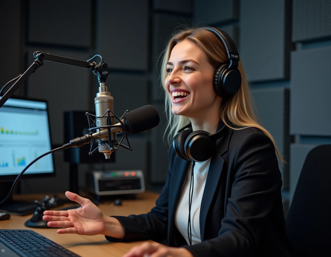 Personnalité du streaming gaming en plein enregistrement dans un studio de broadcast professionnel avec microphone et écrans