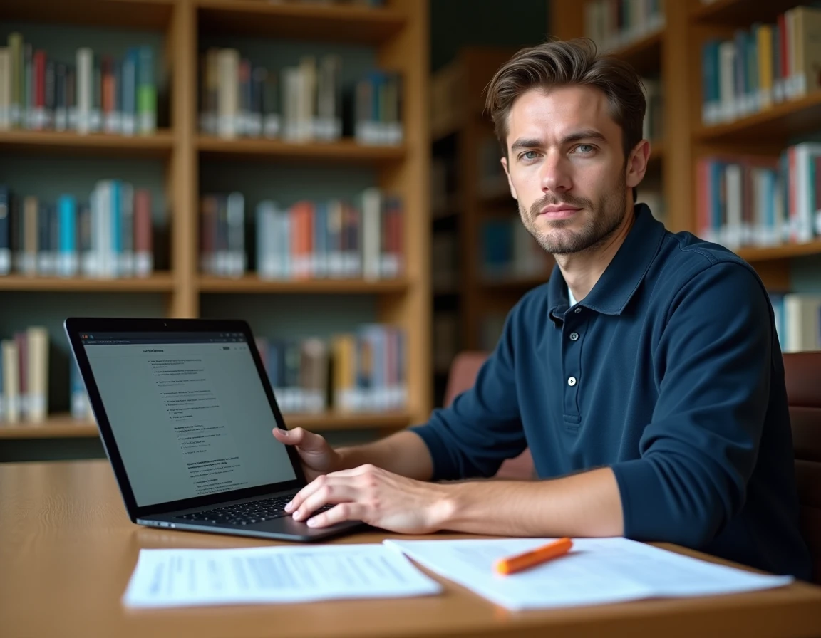Homme révisant le permis de conduire 2026 avec un ordinateur portable et des questions PDF dans une bibliothèque