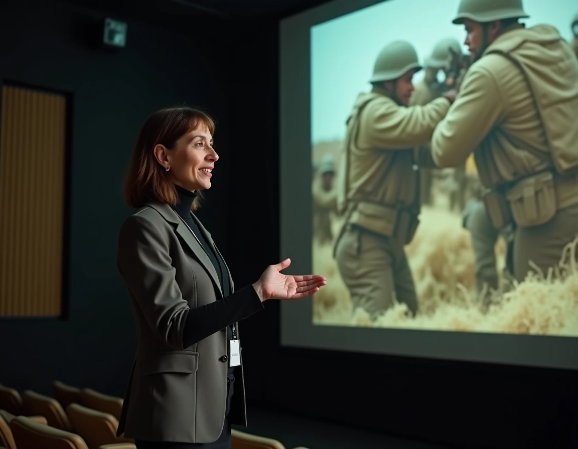 Professeure de cinéma expliquant l'impact révolutionnaire des films sur la guerre du Vietnam devant une image projetée dans un amphithéâtre universitaire
