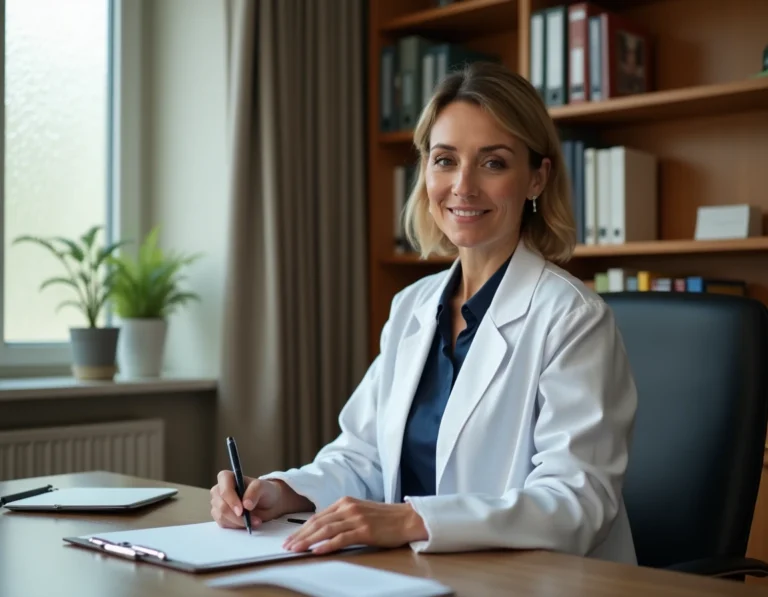Psychiatre femme dans son cabinet médical consultant ses notes avec une expression empathique