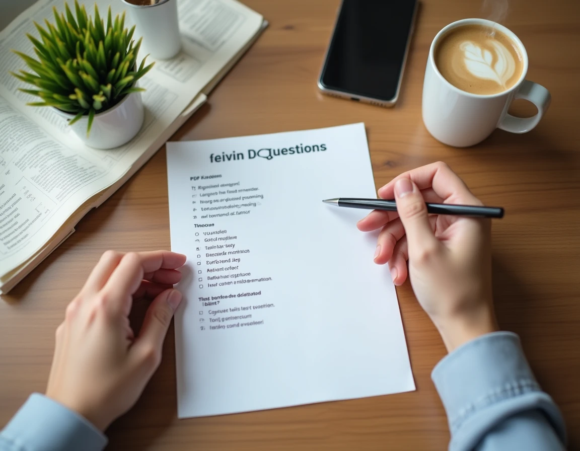 Mains tenant une feuille de questions PDF pour réviser le code de la route avec un café le matin