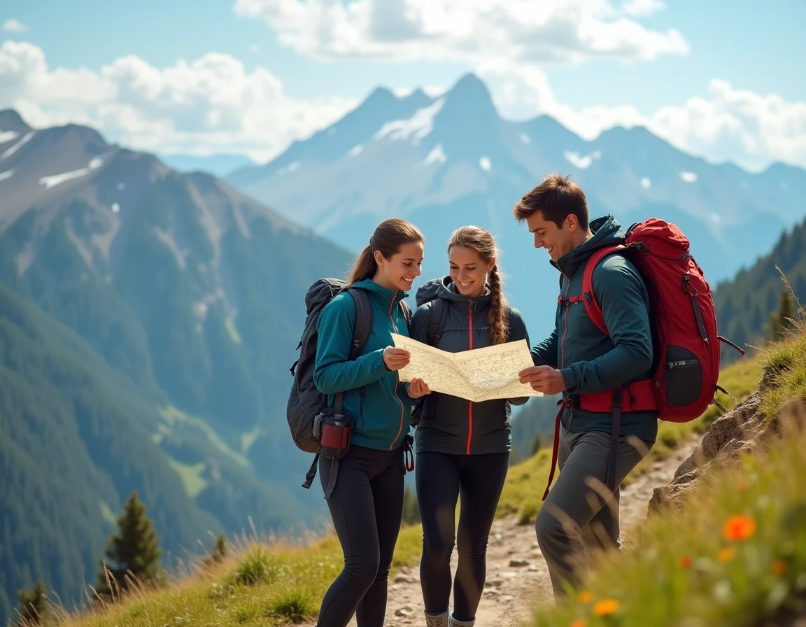 Groupe de randonneurs responsables consultant une carte topographique sur un sentier de montagne alpine