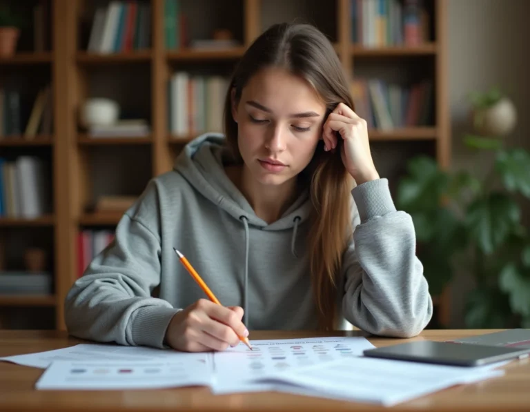 Jeune femme révisant le code de la route avec des feuilles PDF imprimées sur un bureau en bois à domicile