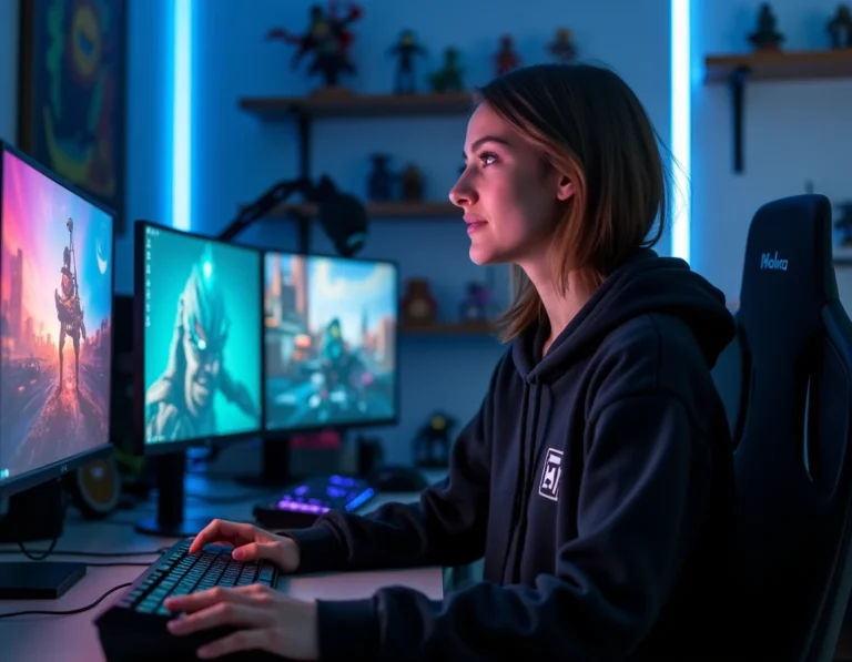 Streameuse gaming professionnelle devant son setup double écran dans un studio moderne avec figurines et microphone