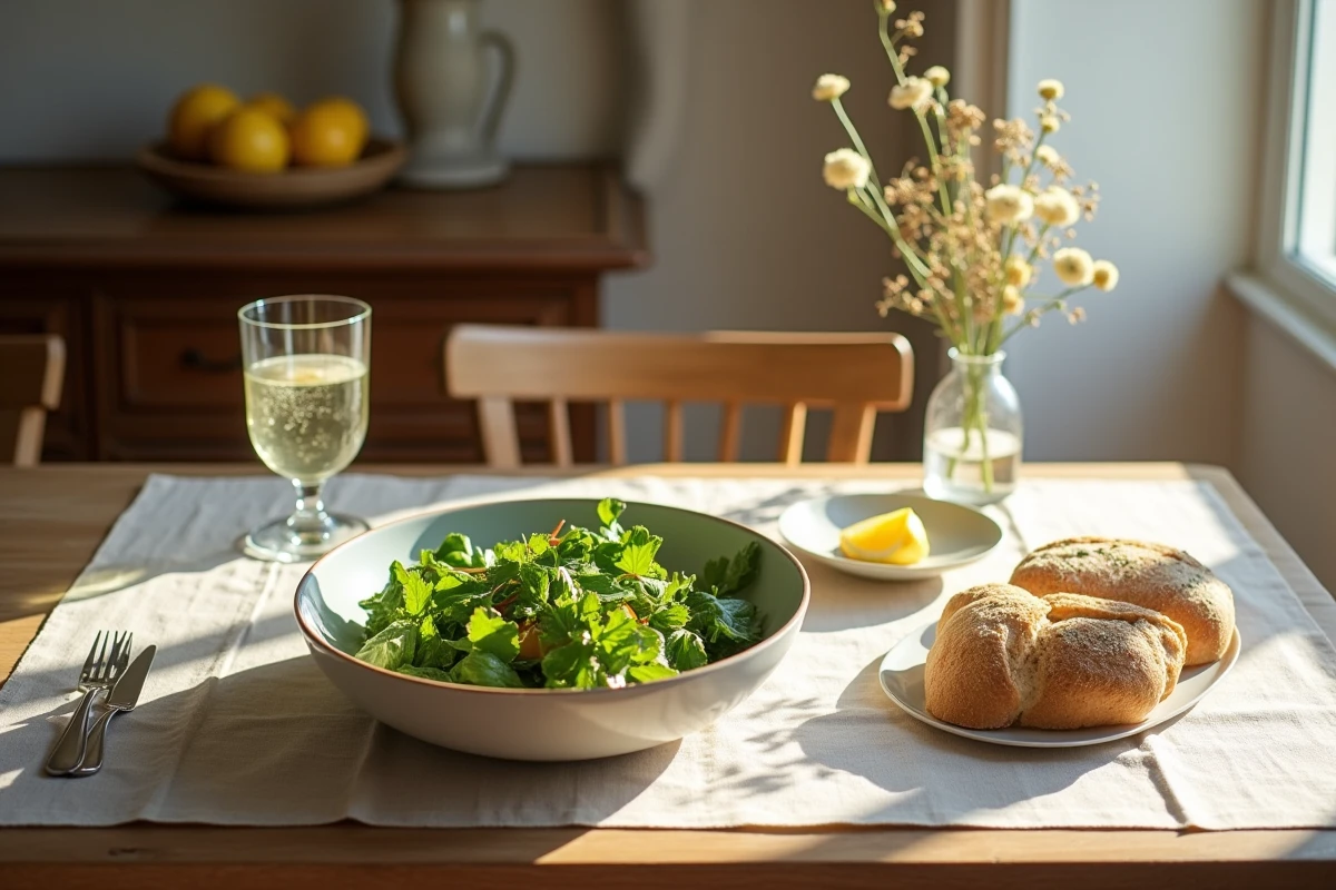 Table en bois avec des plats faits maison incluant salade, pain artisanal et beurre aux herbes dans une ambiance campagnarde française