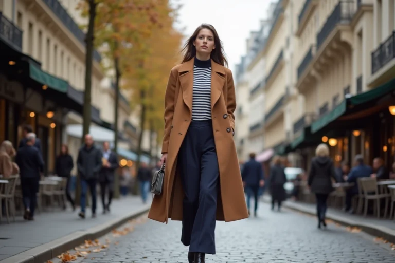 Femme parisienne en manteau camel et pantalon large marchant sur un boulevard haussmannien à Paris en automne