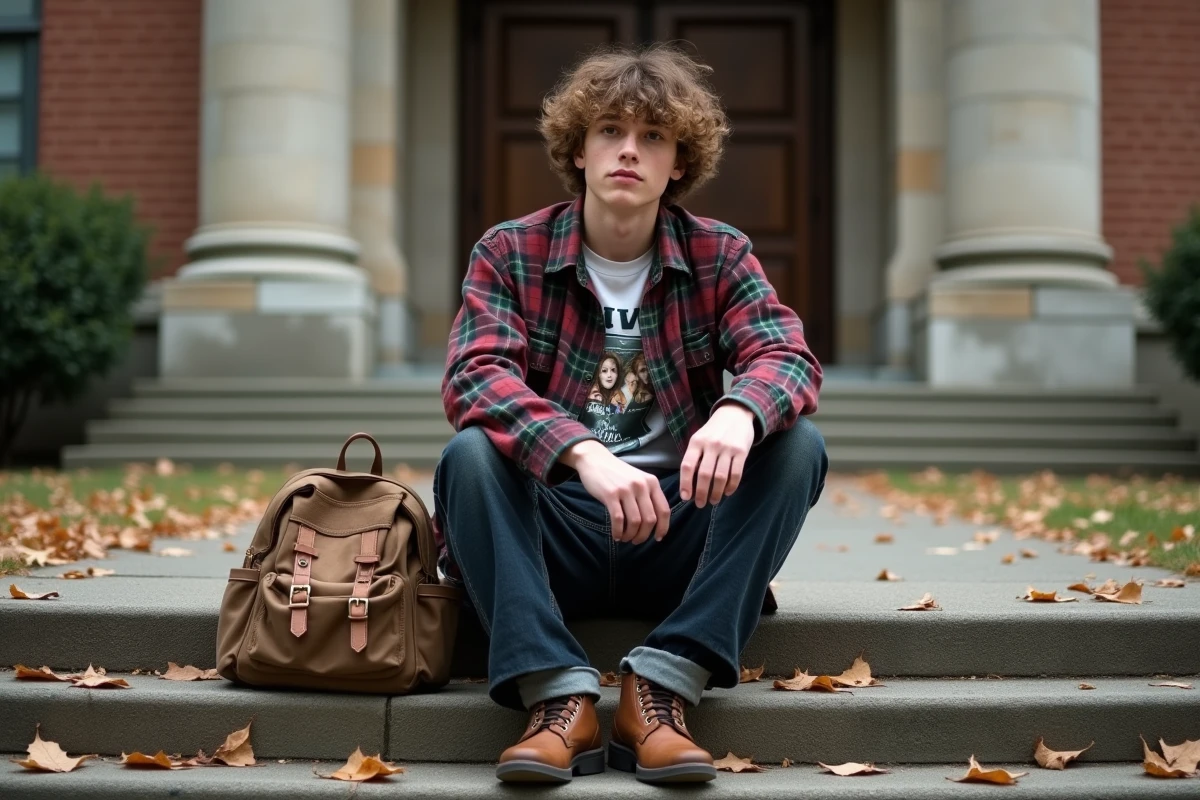 Jeune homme en tenue grunge années 1995 avec chemise à carreaux oversize, jean large et boots en cuir, assis sur des marches universitaires