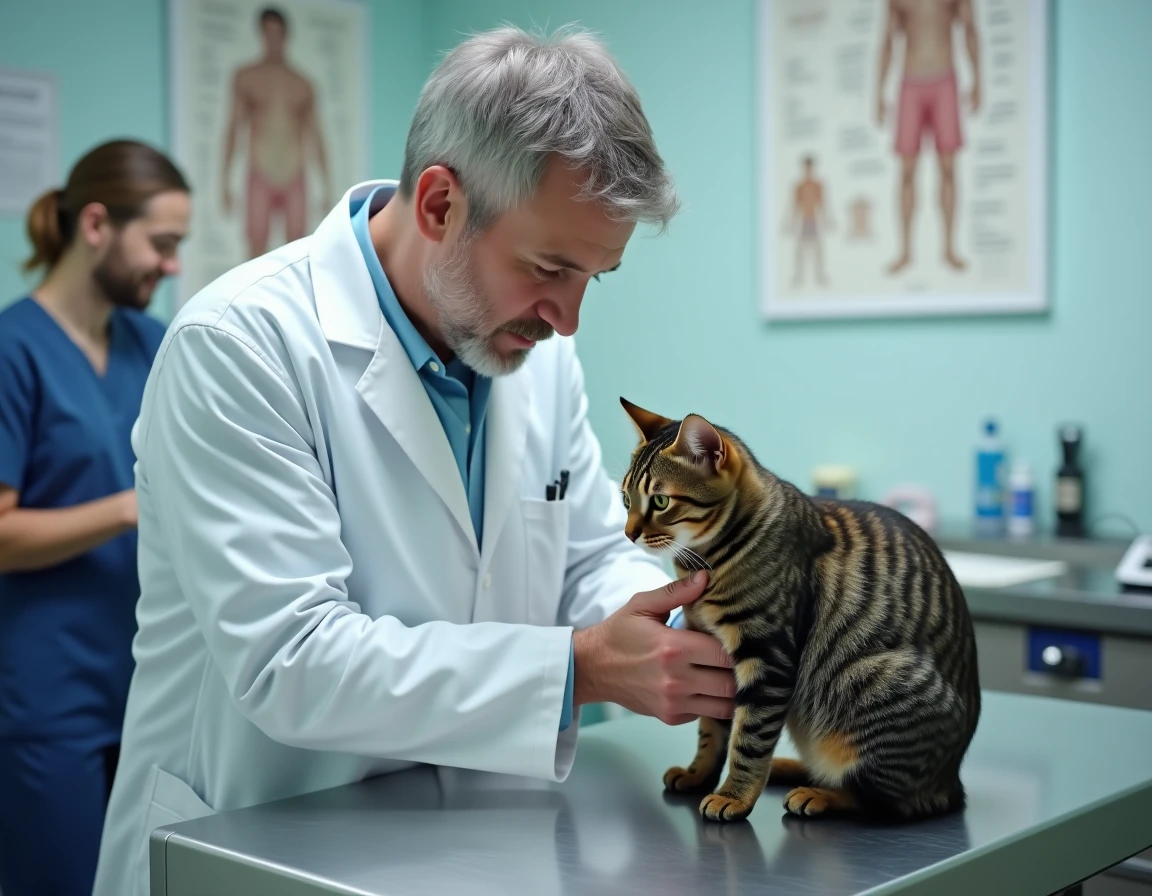 Vétérinaire examinant un chat roux sur une table médicale, soulignant l'utilité d'une mutuelle pour animaux