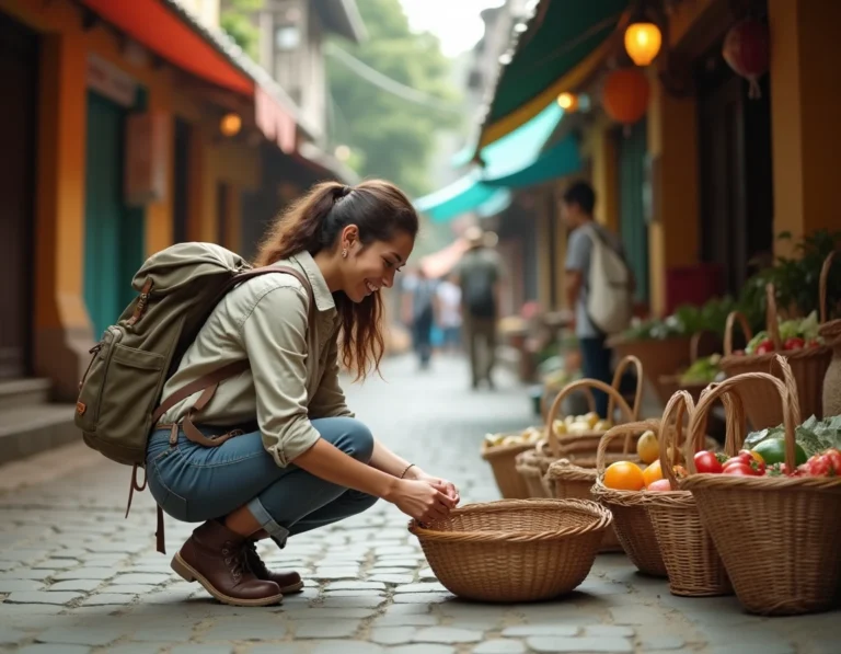 Voyageuse responsable discutant avec un vendeur local dans un marché artisanal en Asie du Sud-Est