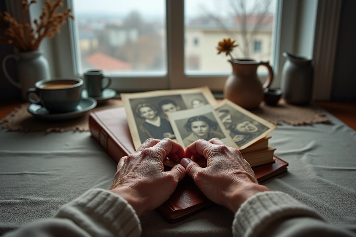 Gros plan de mains âgées tenant de vieilles photographies sépia et un journal intime usé, symboles poignants d'une vie riche et de l'adieu ultime