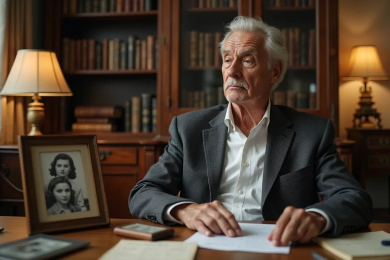 Portrait contemplatif d'un homme élégant dans un bureau chargé d'histoire, entouré de photographies anciennes et de souvenirs de famille, illustrant le parcours de vie d'Yves Attal
