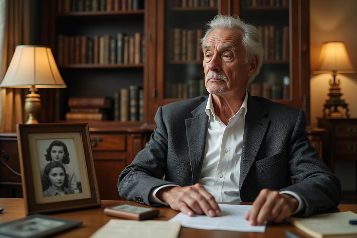 Portrait contemplatif d'un homme élégant dans un bureau chargé d'histoire, entouré de photographies anciennes et de souvenirs de famille, illustrant le parcours de vie d'Yves Attal