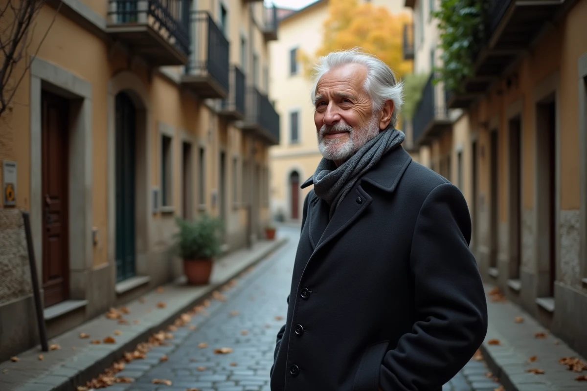 Homme âgé et élégant dans une ruelle pavée parisienne en automne, regard nostalgique tourné vers le passé, évoquant le cheminement d'une vie entière